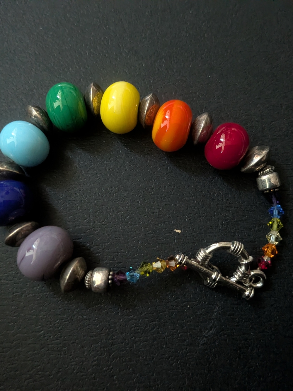 Artisan Lampwork Rainbow Glass Bead Toggle Bracelet Silver Spacer Accents